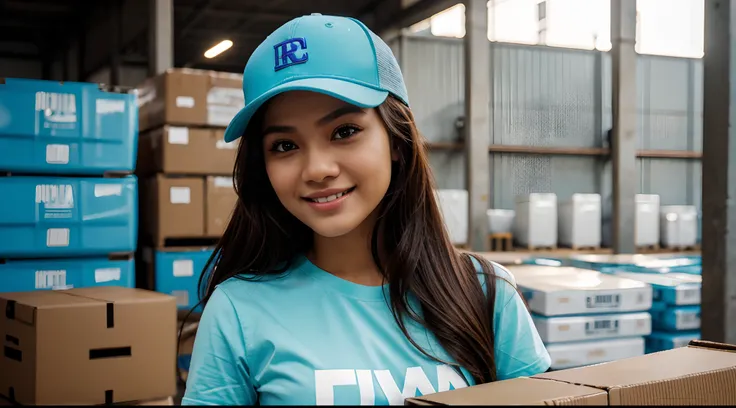 RAW Photo, DSLR BREAK (kkw-ph1:0.9) BREAK portrait of 1 young 25 year old woman, holding a big box, holding a large box, brown wavy hair, wearing plain lightblue t shirt, plain lightblue trucker cap, perfect eyes, perfect lips, perfect nose, professional c...