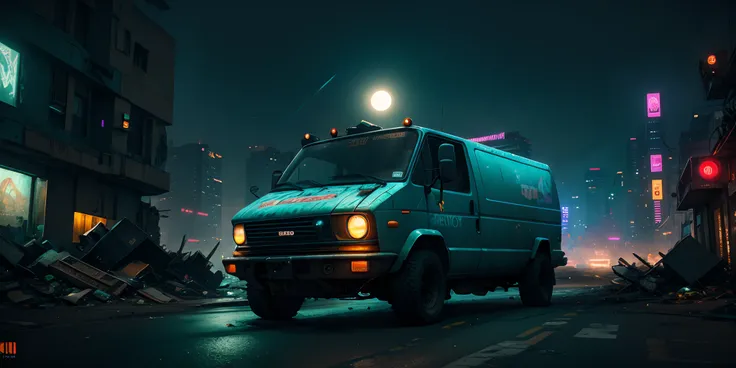 gopro shot of a (cyberpunk armored van) zeekars, 3/4 front view, wide angle action shot, post-apocalyptic, outdoors, night, road, destruction, urban decay, moonlight, full moon in background, masterpiece, photorealistic, 8k, high detail, dark theme,