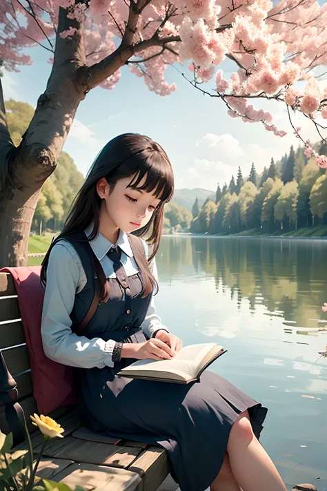 A girl reading a book by the lake. Other books are around. There are trees and flowers around the riverbank.