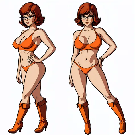 STICKER, A detailed illustration of a vivid Sexy Velma Dinkley from Scooby Doo fully naked, bare breasts, face view, ass view, side by side, model pose, perfect hands, exposed breasts, Beautiful Eyes and Face Details, orange thong, Solo Female, medium brea...