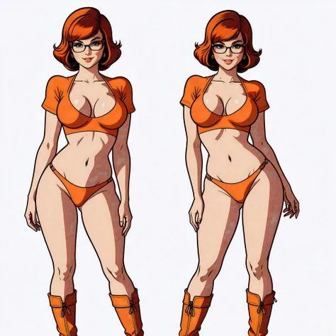 STICKER, A detailed illustration of a vivid Sexy Velma Dinkley from Scooby Doo fully naked, bare breasts, face view, ass view, side by side, model pose, perfect hands, exposed breasts, Beautiful Eyes and Face Details, orange thong, Solo Female, medium brea...