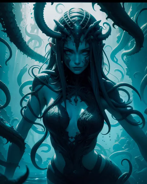 A girl trapped in a surreal underwater world, surrounded by tentacles and eerie creatures, with Cthulhu rising from the depths. The girl has wide, terrified eyes and pale lips that convey her fear. The scene is depicted using a mix of dark, gothic illustra...