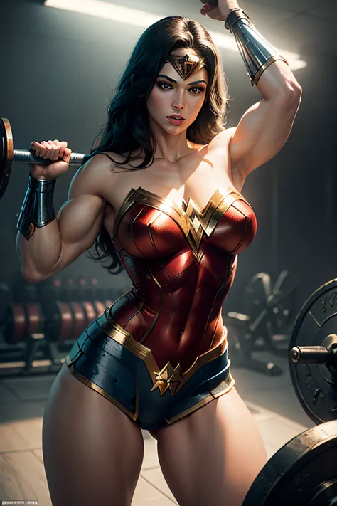 masterpiece, dc comics character, wonder woman, woman, highly detailed, demure, gym environment, lifting huge weights, muscular, dynamic lighting, studio lighting, FHD