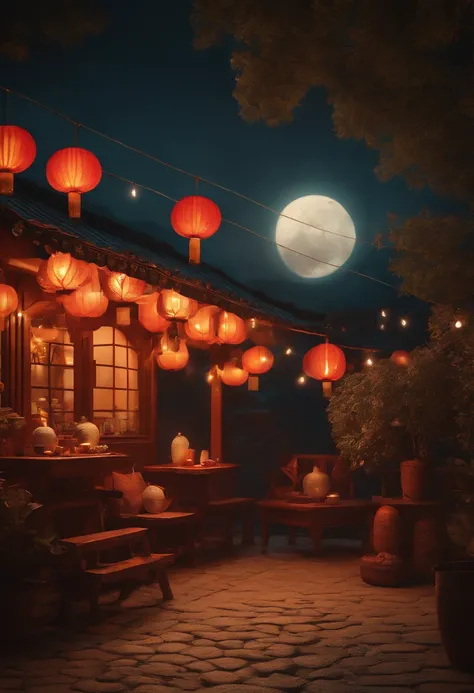 4K，Commercial shooting, Shoot from a retro perspective，during night，Huge Full Moon，A small amount of smoke，The main object is a bottle of coconut milk，A small amount of Cantonese egg yolk mooncakes, Mooncake size, poster for, Fresh style background, , Boot...