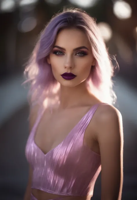 RAW photo of young English woman, color photograph, full length portrait, ((a realistic photo of a beautiful young 21yo girl)), shadows, futuristic silver wing eyeliner, dark lips, ((pale glowing skin)), looking at viewer, sexy, erotic pose, smirk, shy, ex...