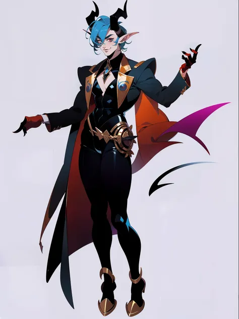 ((1male)) character concept adopt ,handsome , tiefling, horns, , fullbody,( gothic outfit), naked hands