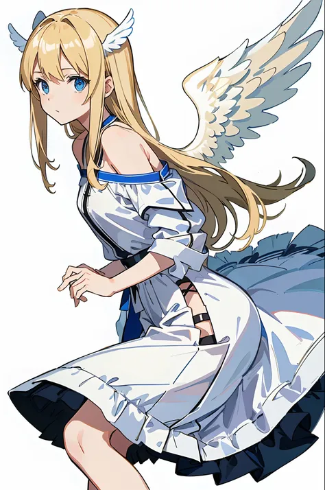 (masterpiece, best quality) detailed, 1man, clothing is a mix of sword art online clothing and a adidas jumpsuit  , ((white background)),Beautiful girl , blonde hair , extremely long hair , blue eyes , bangs , ((smal Angel wings )), age 16, off the shoulde...