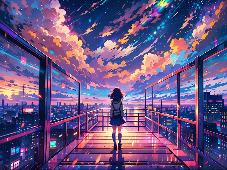 anime girl standing on rooftop looking at night sky with stars and rainbow, rainbow starry night, anime wallpaper 4k, anime wallpaper 4 k, 4k anime wallpaper, anime art wallpaper 8 k, anime art wallpaper 4k, anime art wallpaper 4 k, anime style 4 k, makoto...