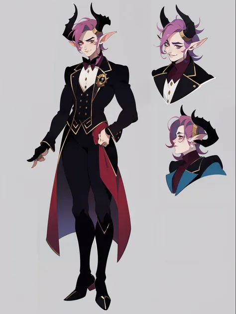 ((1male)) character concept adopt ,handsome , tiefling, horns, , fullbody,( gothic outfit)