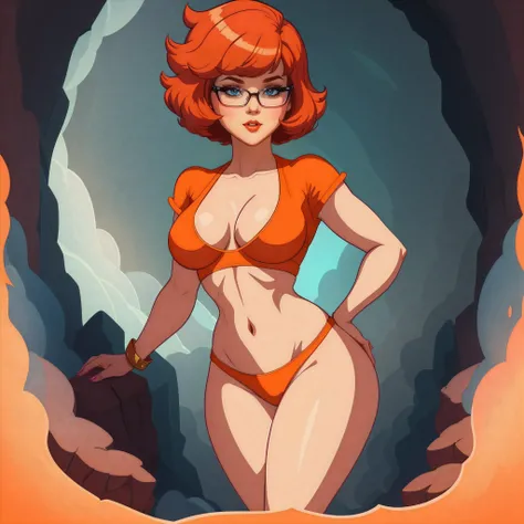 STICKER, A detailed illustration of a vivid Sexy Velma Dinkley from Scooby Doo naked, bare breasts, face view, ass view, side by side, orange thong, Solo Female, medium breasts, full cleavage, Full Body View, orange high heeled boots, soft nipples, hands b...