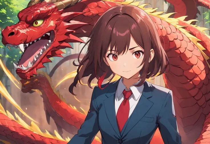 anime girl in a suit and tie with a dragon in the background, dragon - inspired suit, by Yang J, human and dragon fusion, pretty Japanese demon girl, pretty girl in demon slayer art, epic and classy portrait, trendin on artstation, crimson attire, black an...