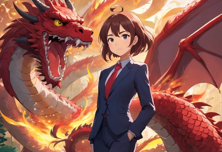 anime girl in a suit and tie with a dragon in the background, dragon - inspired suit, by Yang J, human and dragon fusion, pretty Japanese demon girl, pretty girl in demon slayer art, epic and classy portrait, trendin on artstation, crimson attire, black an...