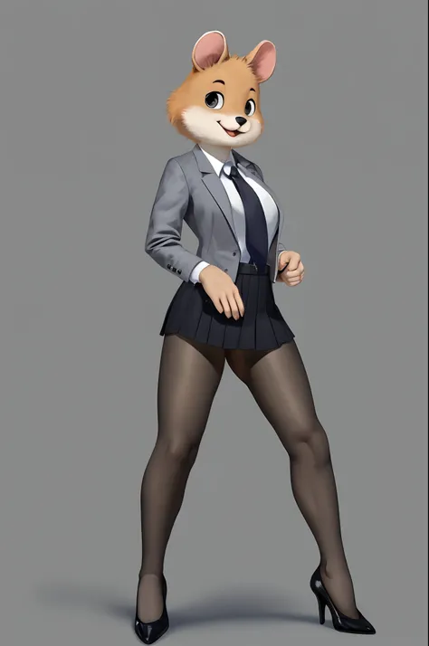 masterpiece, best quality, highres, 1female, solo,hamster female, solid background, female announcer, (grey suit jacket, knee-length cloth tight skirt, black pantyhose, pumps,)