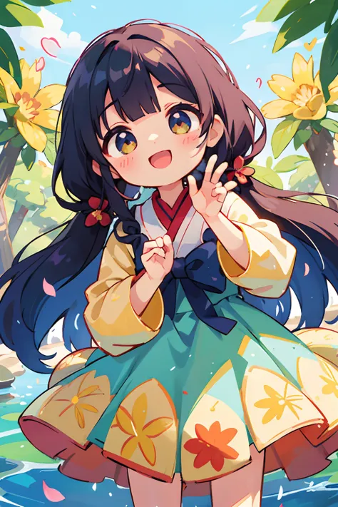 Stand in front of the photo、Open mouth and big smile、Water droplets on the cheeks、kawaii pose（Tehepero）、Flowing iridescent silk、up of face、Eye Up、Colorcon with heart pattern、Floral dress、There are flowers even in front of you、flower petals、season!!: 夏天☀ 🍂