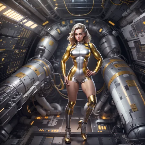 Sporty and sexy woman in uniform with silver metal sheets , Gold and bronze，Big eyes and muscular legs, The full story, It is located in the spacecraft control center, With mechanical , conduit, Cables and technology.