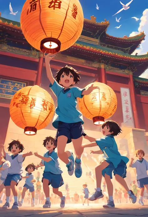 In front of the Forbidden City, children in basketball uniforms are cheering，Lanterns float in the air，Doves of peace are flying，national day，The overall picture is in the lower center