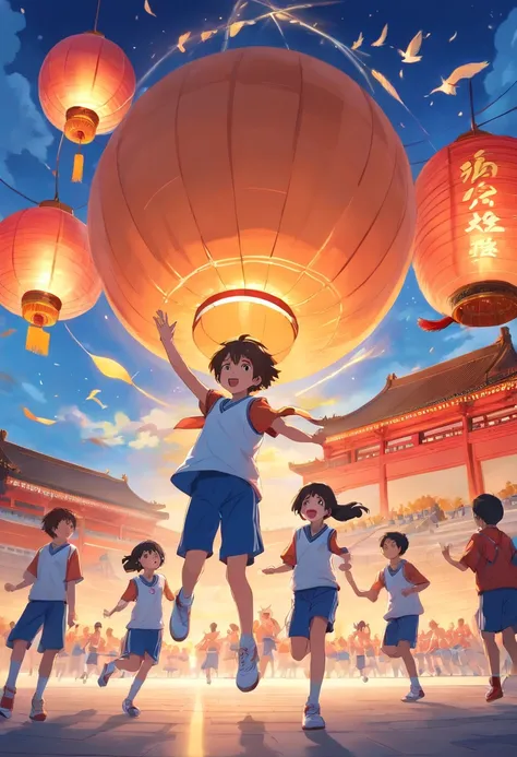 In front of the Forbidden City, children in basketball uniforms are cheering，Lanterns float in the air，Doves of peace are flying，national day，The overall picture is in the lower center