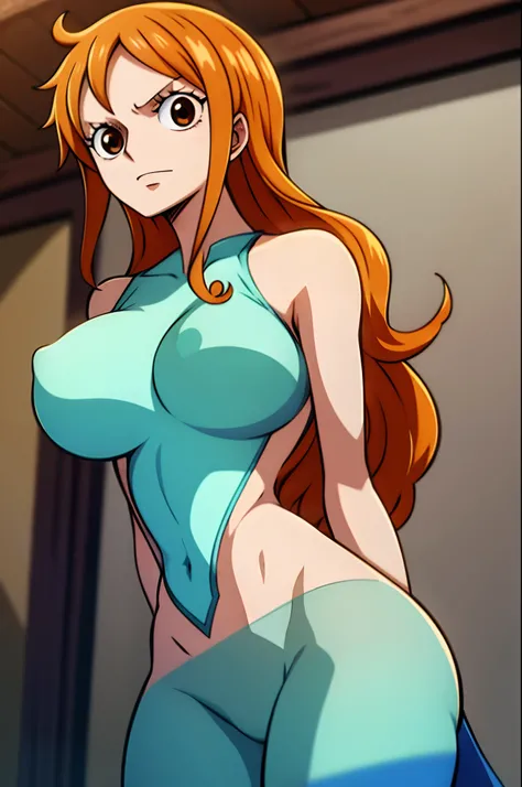 Nami from One Piece naked, without clothes, Her nipples are visible, Big breasts, Big thighs,Orange hair, Brown eyes, 8k, Perfect quality.