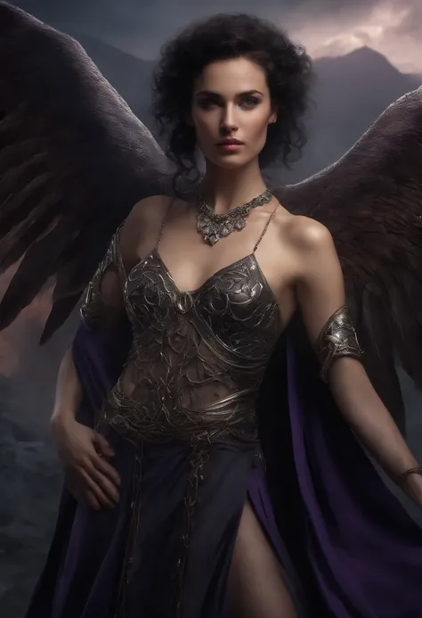 high quality full length portrait,  RAW photo of  european  20yo woman with iridescent angel wings, a warrior, small breasts,  short dark purple hair, natural pale skin texture, jeweled diadem, silver necklace, night, lightning, volcano and mountain backgr...