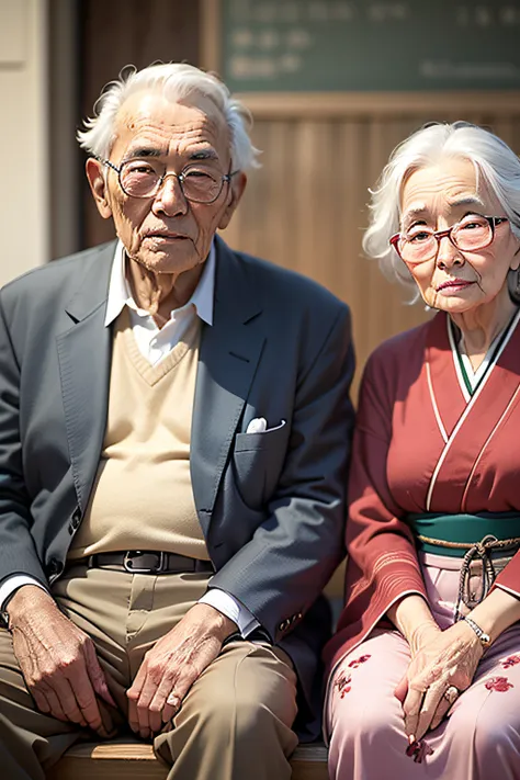 Asian Men and Women２a person、Sitting on a bench,, A old man, portrait photo of an old man, Old Man, Old Woman、Asian々, 80-year-old man, old man portrait, Old Male, peaceful expression, Fully centered portrait, Photos of men and women, japanes、The artists, A...