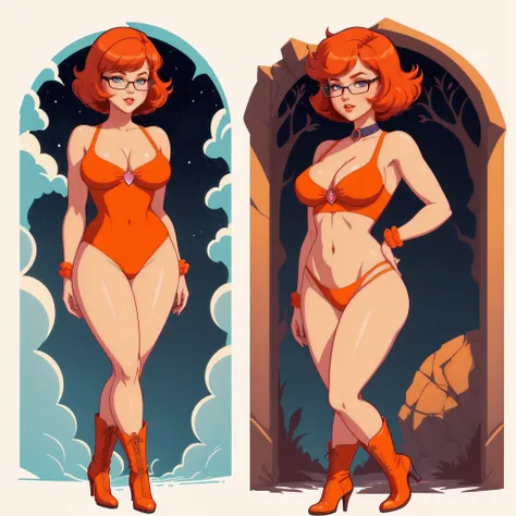 STICKER, A detailed illustration of a vivid Sexy Velma Dinkley from Scooby Doo naked, bare breasts, face view, ass view, side by side, orange thong, Solo Female, medium breasts, full cleavage, Full Body View, orange high heeled boots, soft nipples, hands b...