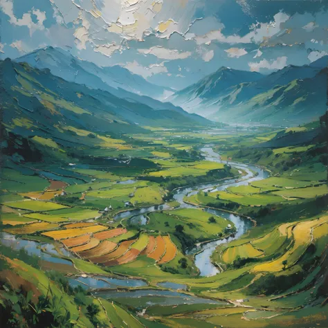 oil painting, stream, rice paddy