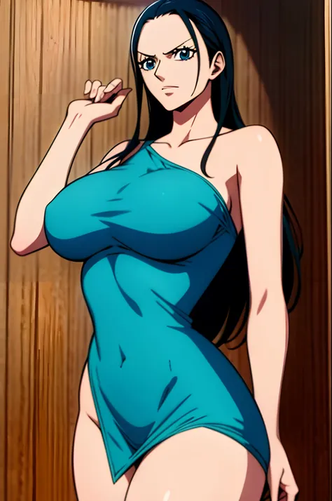 nico robin from One Piece naked, without clothes, Her nipples are visible, Big breasts, Big thighs, black hair, blue eyes, 8k, Perfect quality.