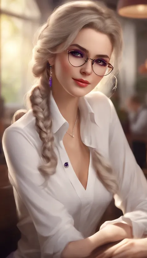 At best....., high-detail, master-piece, ultra-detail, (Realistic:1.2), 1girls, ( Cafe Background),, delicate eyes, silver-haired, purple eyes, Hair ornaments, (Clear Buttons White Tight Office Shirt:1.3),Hair length, light_ear, diadem_braid, expressionles...