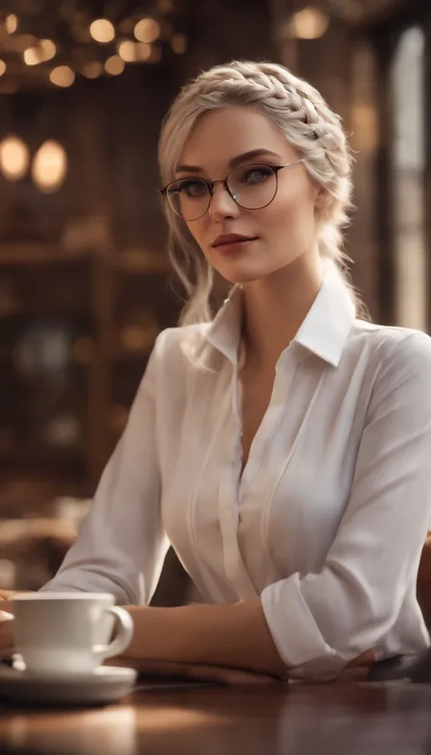 At best....., high-detail, master-piece, ultra-detail, (Realistic:1.2), 1girls, ( Cafe Background),, delicate eyes, silver-haired, purple eyes, Hair ornaments, (Clear Buttons White Tight Office Shirt:1.3),Hair length, light_ear, diadem_braid, expressionles...