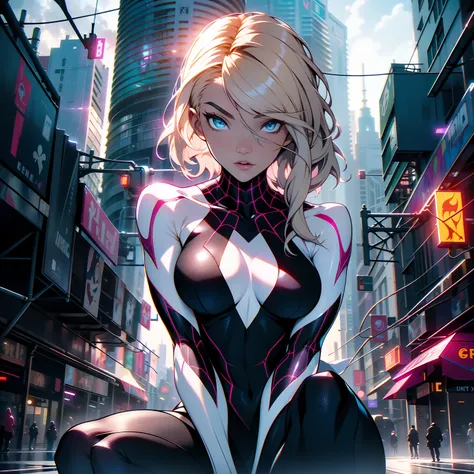 (masterpiece, best quality), (detailed face and eyes) (cowboy shot) SpiderGwen, Gwen, Ghost Spider, big breasts, beautiful girl,mains entre les jambes, H-cup, ( sitting on top of a building ), big breasts, cleveage (detailed beautiful eyes)  full body shot...