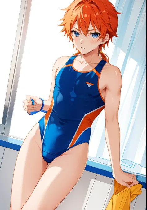 Anime boy in blue swimsuit posing in room, He has long orange-brown hair, Boy with orange long twin tail hair, Boy with long two side up hair in brown, Blue-eyed boy, garments:High-cut swimwear, wearing a swimming wear, Cool anime boy in blue tanksuit, Wea...