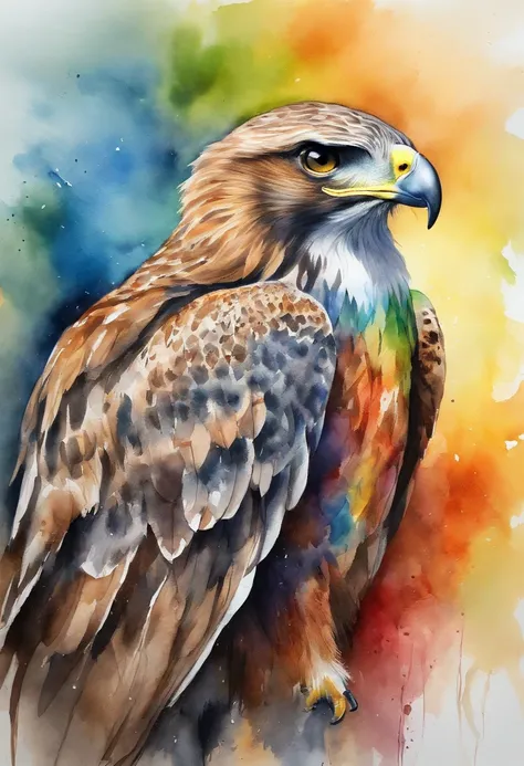 Picture of a hawk, rainbow colours, vibrant, spectacular, no signature or watermark