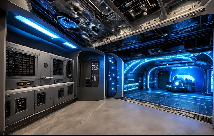 Inside the submarine，high - tech，sci-fy，Repressive，Epic magnificence，mechanized，Weapons room，Azure metal safe，Black vines wrapped around the floor