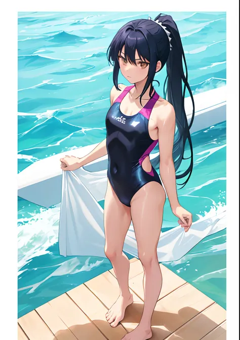 Boy with long blue ponytail hair, Anime boy in black swimsuit, wearing a swimming wear, Swimsuit, Boy with purple long high ponytail hair, Boy with Yellow Eyes, garments:High-cut swimwear, Wet swimsuit, onepiece swimsuit, wearing a swimming wear, Cool anim...