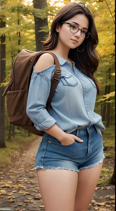 Cute 30-year-old chubby girl of European appearance; brown thick hair to the shoulder blades; Large dark brown eyes, long eyelashes; eyeglasses(Realistic brilliance); Energetic, Satisfied, Smooth natural tan; loose white shirt, Jeans, high orthopedic lace-...