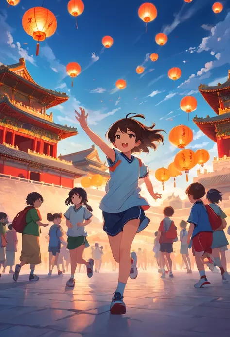 In front of the Forbidden City, In the distance, children in basketball uniforms were cheering，Lanterns float in the air，Doves of peace are flying，national day，The overall picture is located in the lower center