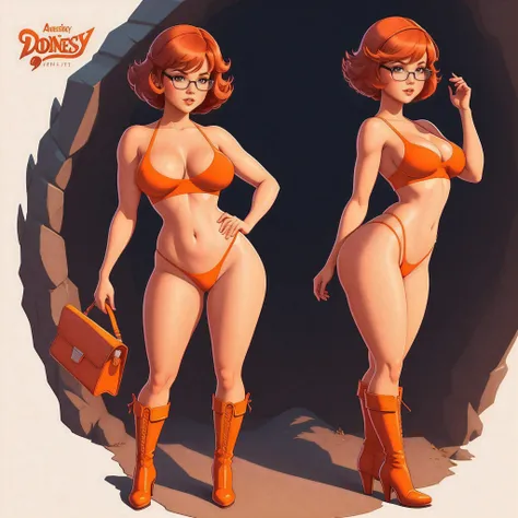 STICKER, A detailed illustration of a vivid Sexy Velma Dinkley from Scooby Doo naked, bare breasts, face view, ass view, side by side, orange thong, Solo Female, medium breasts, full cleavage, Full Body View, orange high heeled boots, soft nipples, hands b...