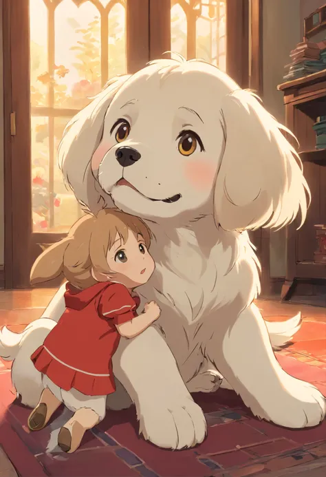 a Dog，、Extremely cute，blanche，Mofumofu、Mofumofu、Ultimate HD image quality、The ultra -The high-definition、high detailing、Best Quality、Makes you want to hug、inside in room、