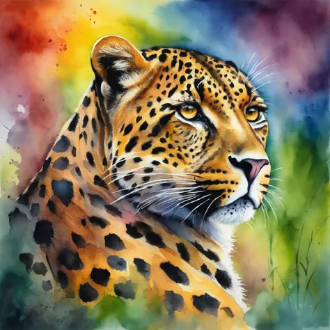 Picture of a leopard, rainbow colours, vibrant, spectacular, no signature or watermark, no signature