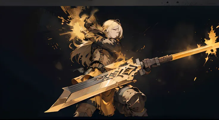 layered textures, Single Color, Calotype, One weapon, Offset print, Oversaturated, Golden Claymore, Claymore on Fire, Black background, No human