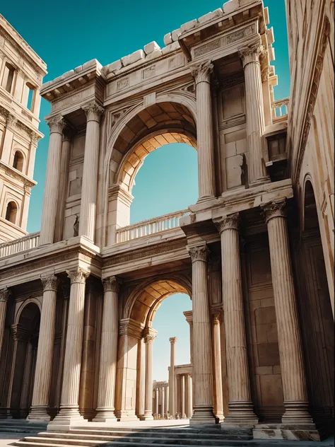 ancient roman architecture,colossal columns,strong and sturdy structures,distinguished statues,fine carvings,historical ruins,imposing facade,dramatic lighting,ornate details,impressive arches,grandiose entrances,gleaming marble,rich patina,ancient wisdom,...