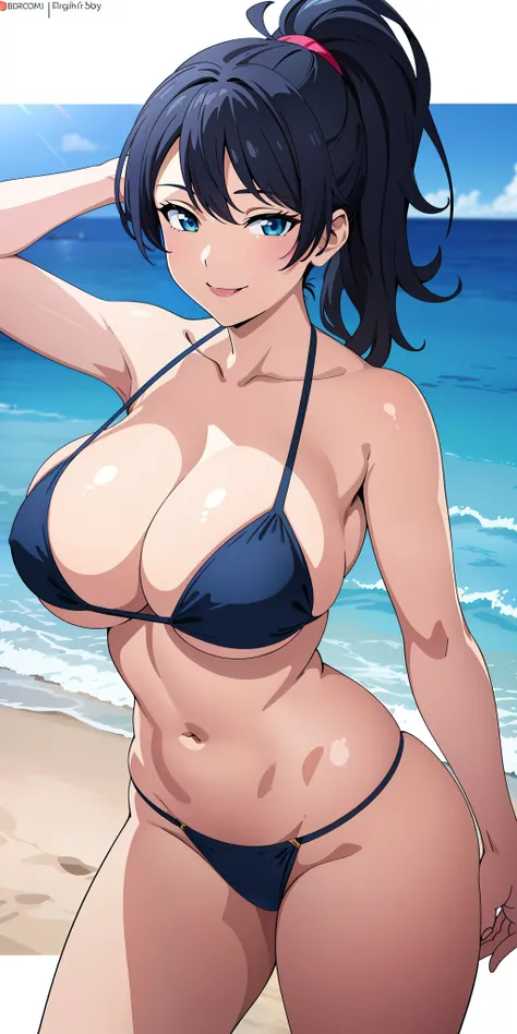 (best quality:1.5, highres, UHD, 4K, detailed lighting, shaders), ponytail, busty, bikini, cleavage, standing, (close shot), sexy, lewd, erotic, seductive pose, nipples, beach background, smiling