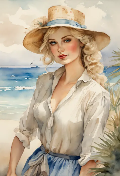 ((Best quality masterpiece)), ((highly detailed)), high resolution. Vintage watercolor of a beautiful woman with blond hair and blue eyes, very similar to Martine Carol, wearing a French pin-up style blue cropped sweater, in front of a tropical beach. Whol...