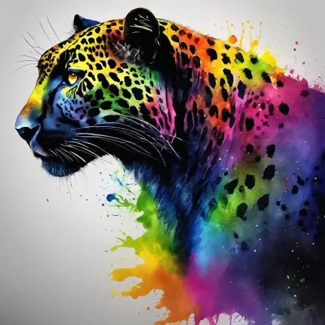 Picture of a black leopard, rainbow colours, vibrant, spectacular, no signature or watermark, no signature