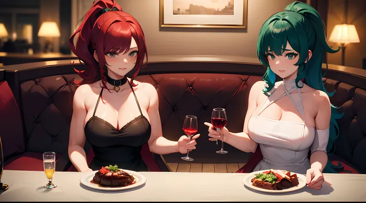 masterpiece, lots of detail, 4k, 8k, ((ultra-detailed)), highres, 2girls, dinner date, restaurant, wine glass, {red hair|green hair|black hair|blue hair}, {ponytail|short hair|long hair|curly hair}