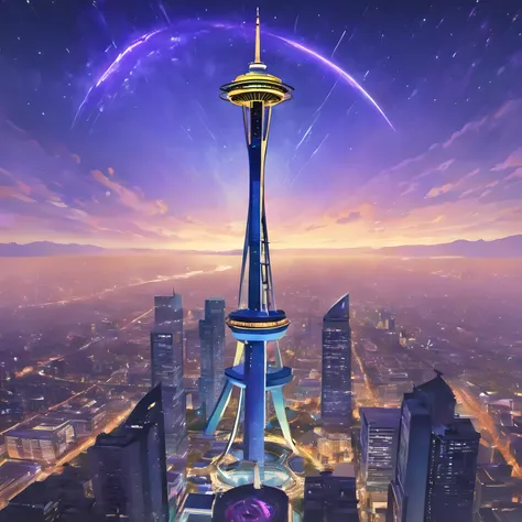 Isekai Space Needle、Space Needle of the near future、Space Needle、landmark、thunder clouds、lightning bolt、thunderstyle, simple purple background,　Space Needle floating in the night view of Seattle、fantasy art, The glowing Space Needle、Fantasy world of Seattl...