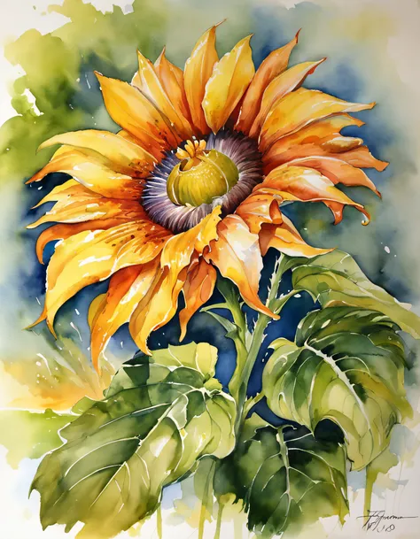 (master part), (melhor qualidade), ((vista frontal)), (Centrado), (meio corpo), Watercolor illustration of a sunflower, arte Boris Vallejo, Syd Mead, arte dos anos 70s, na cor verde.