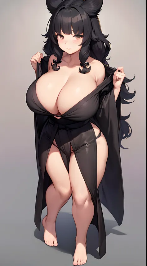 No shoes, solo person, Solo,Black pantyhose,(gigantic cleavage breasts:1.5)，Japan kimono，curlies，Full body like，Attention，Shy