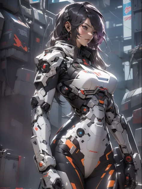 powerful adult woman in her mega detailed mecha suit, heavy weapons, cyberpunk visor, high-tech graphics throughout the costume,...