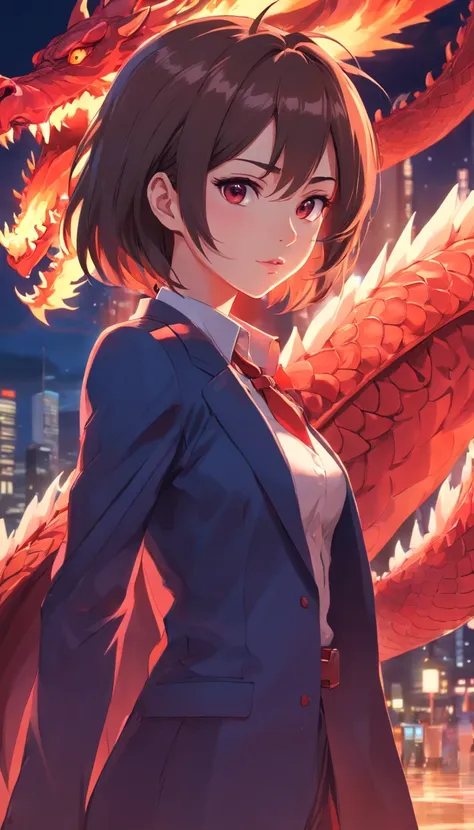 Anime girl in suit，cropped shoulders，Large breasts，The background is a dragon, dragon - inspired suit, by Yang J, human and dragon fusion, Beautiful Japanese demon girl, Beautiful girl in demon slayer art, epic and classy portrait, trends in art station, c...